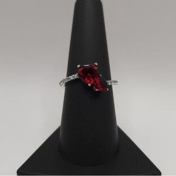 Jewelry - Double Heart-Shaped Red CZ Stones in 925 Sterling Silver Ring Size 7.25 (NWOT)